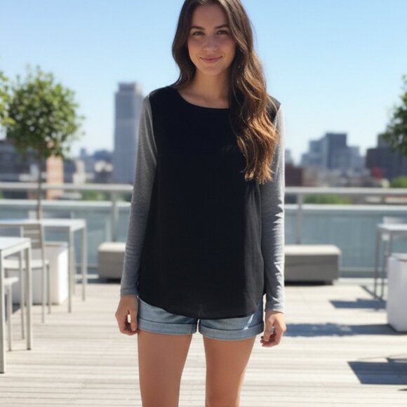 Forever 21 Women's Baseball Top Long Sleeve Sheer Black Grey Size Small - Picture 1 of 13